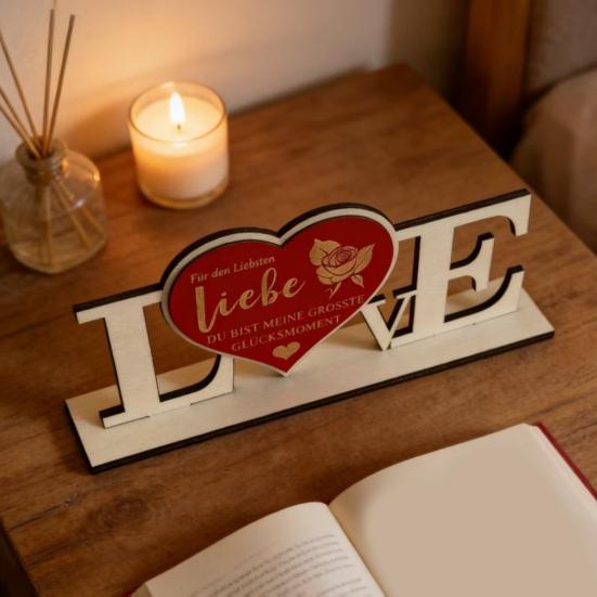 Valentine's Day Love Table Sign with Base Farmhouse Rustic Wooden Love Letter Ornament Anniversary Wedding Party Tabletop Decoration