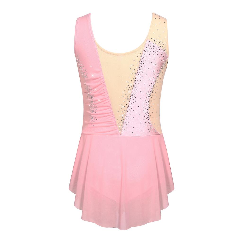 Girls Figure Skating Dress Sleeveless Sparkly Rhinestones Ruched Mesh Built In Briefs Dancewear