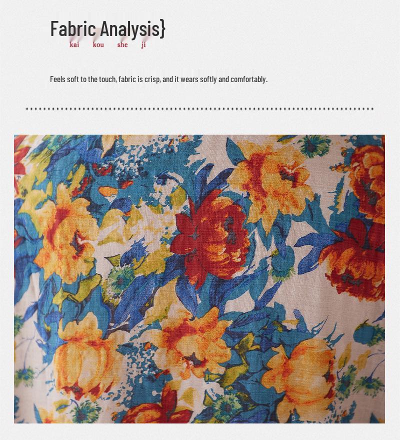 2024 Summer V-Neck Cotton & Linen Loose Retro Beach Dress for Women - Plus Size, Slimming, Long Robe Style