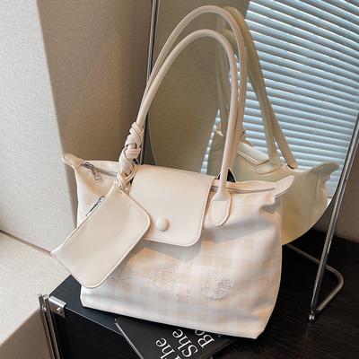 2025 New Summer Foreign Style Niche Design Shoulder Bag Plaid Shoulder Bag Large Capacity Commuter Underarm Tote Bag