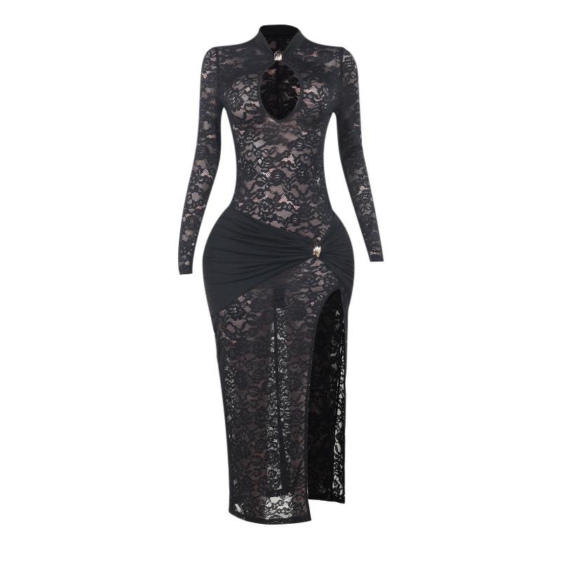 Autumn 2025 New Style, Fashionable Long Dress, Temperament, Spicy Girl, Sexy, Lace, Slit Dress