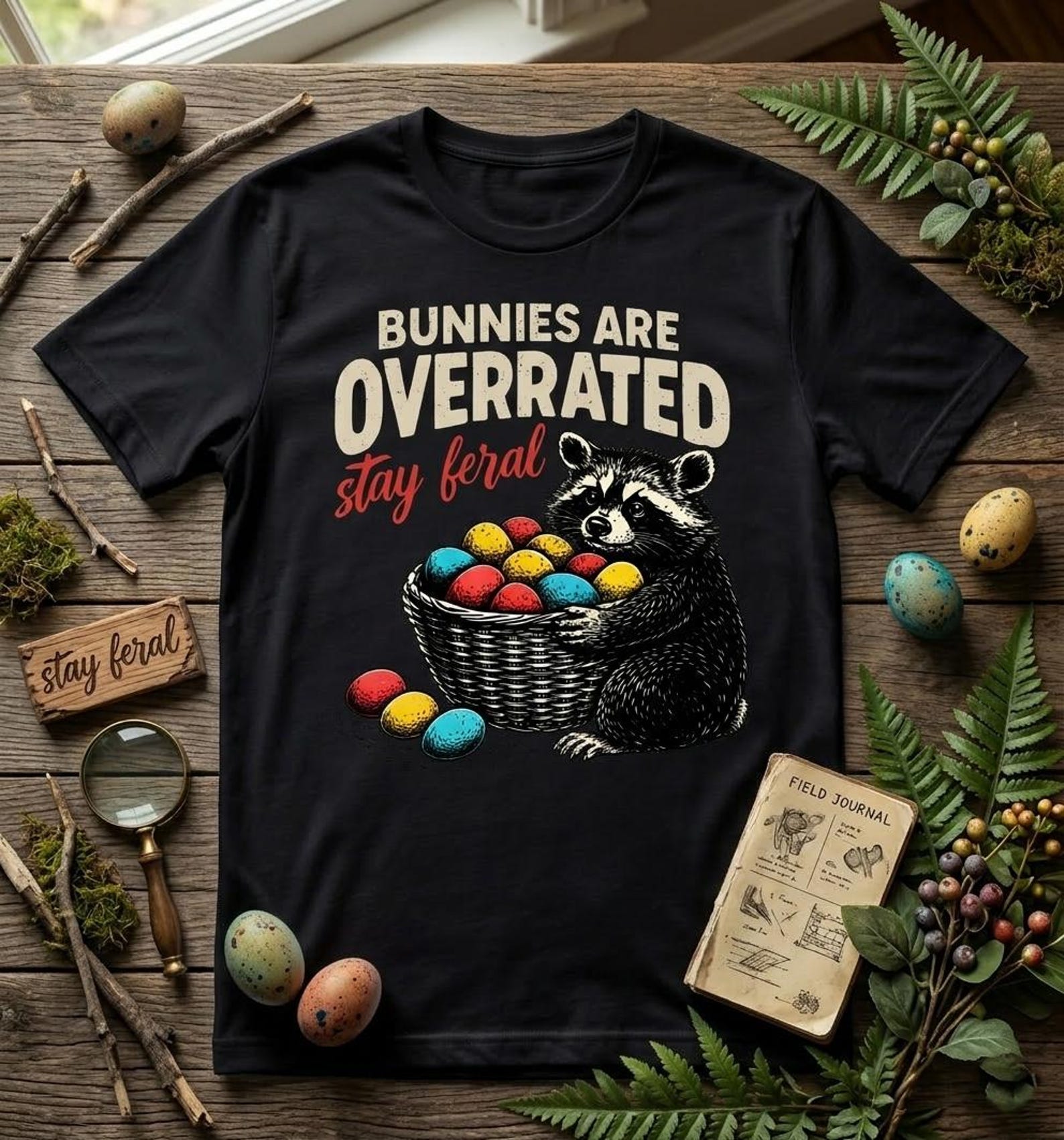 Funny Raccoon Easter Shirt, Stay Feral Sarcastic Tee 2XL