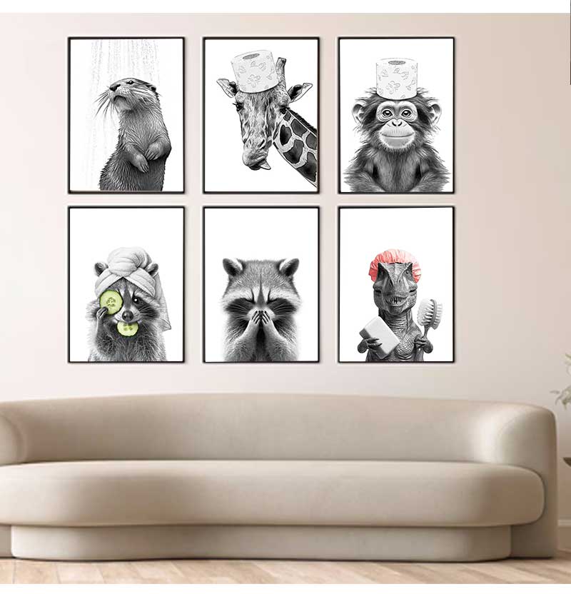 Cat Giraffe Dog Elephant Toilet Paper Bathtub Funny Bathroom Poster Print Canvas Painting Wall Art Shower Room Home Decoration