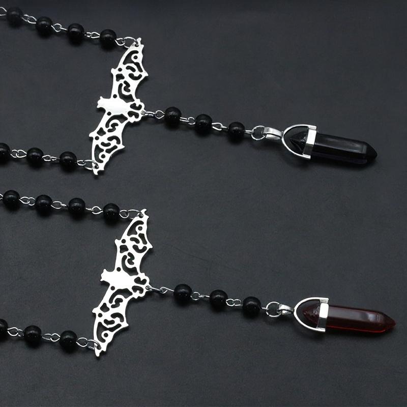 Hexagonal Pillar Bat Hollow Zinc Alloy Pendant Black Beaded Choker Gothic Elegant Jewelry Necklace Party Neck Accessories for Women