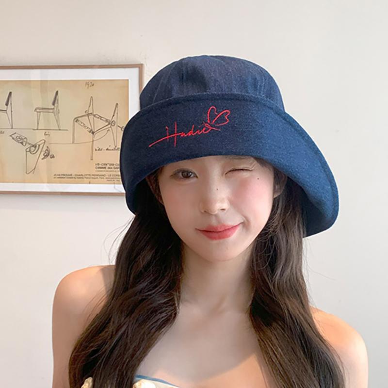 Korean Style Denim Fishing Cap Large Brim Foldable Bow Tie Hat Face Slimming Fashionable Sun Protection Retro Bucket Hat