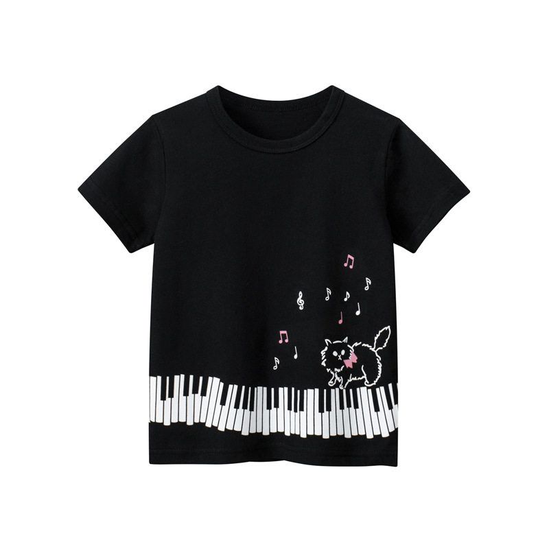 27home Children s Summer Clothing Kids Short Sleeve T-shirt Girl Piano Keys Half Sleeve Tops Baby Kitten Pure Cotton Clothes Ht9620 Black 100