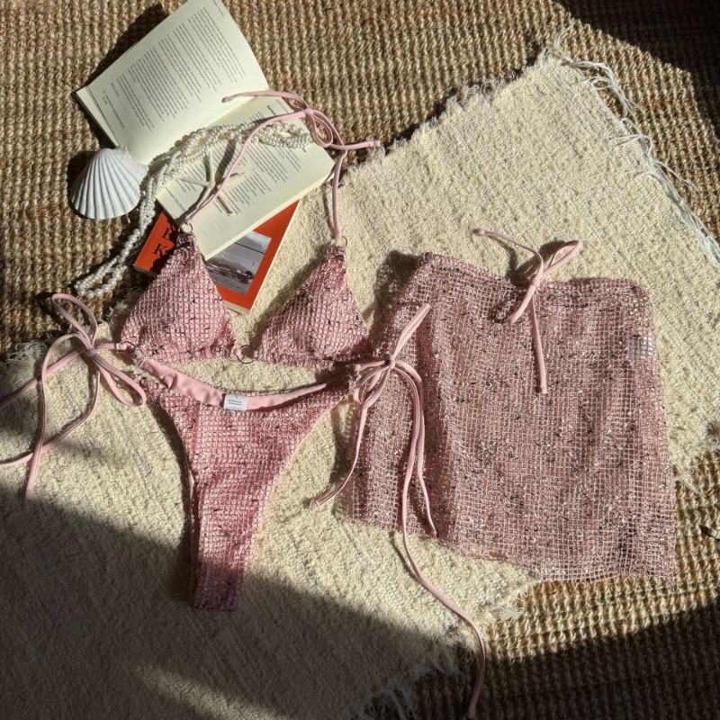 Women Sexy Strappy Special Mesh Three Piece Bikini Swimwear
