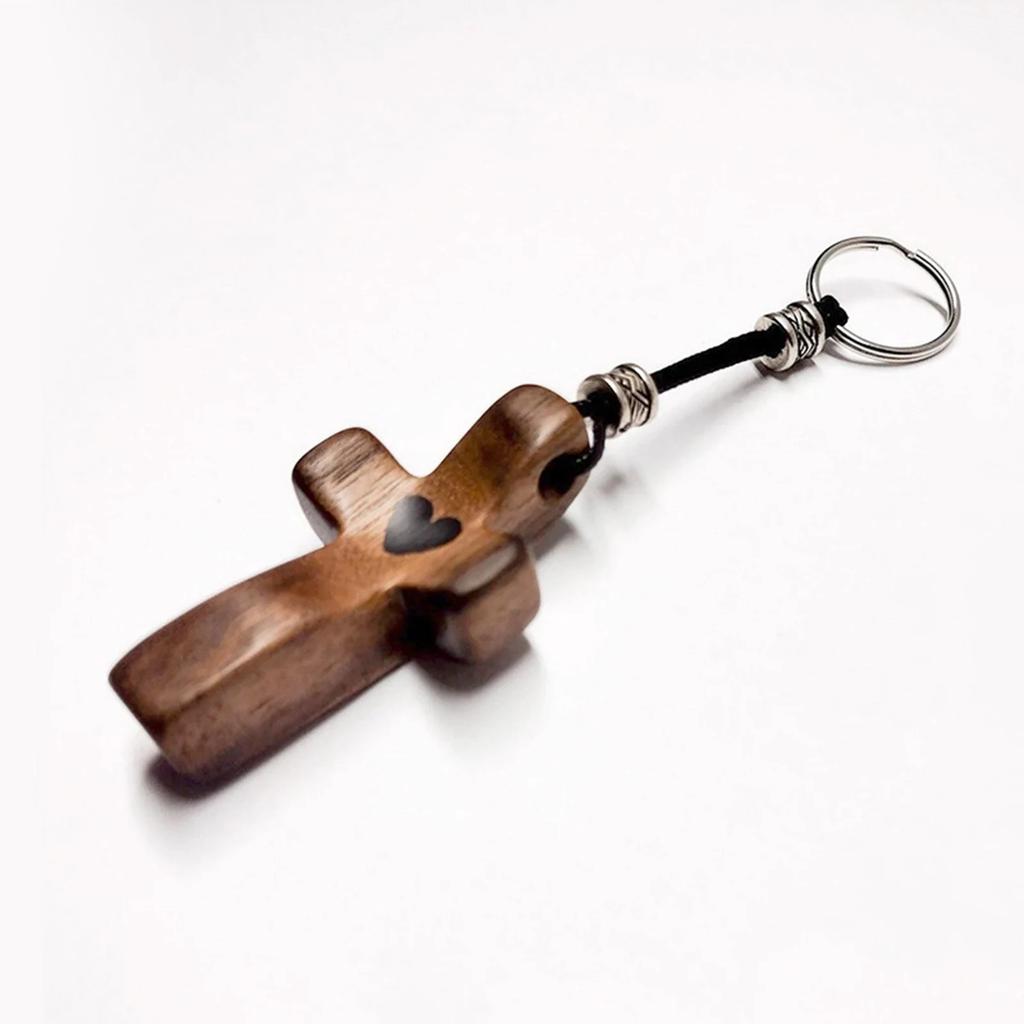 Walnut Wood Cross Keychain Heart-Shaped Pendant Wooden Handmade Keychain Religious Christian Prayer Guarding Get Rid Of Worries