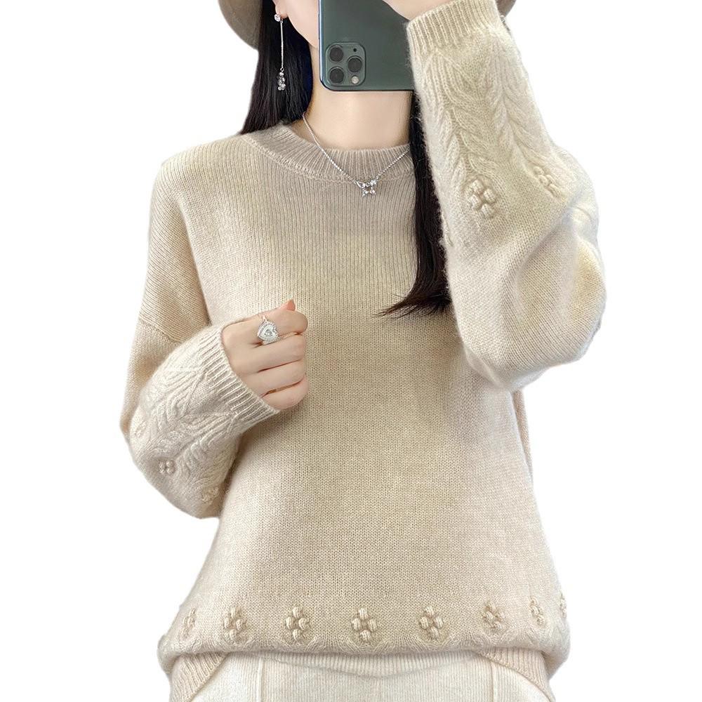 2024 Autumn/Winter Women's Solid Color Wool Knitwear Retro Crochet Pullover Sweater