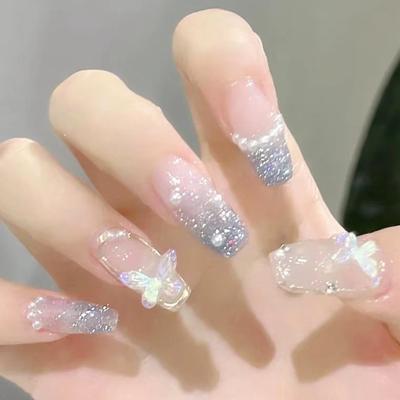 24 Pcs Wear Fake Nails, Pearl Butterflies, Wear Nail Pads, Manicure Length and Width, Ballet Nail, French Fake Nail Drill Manicure