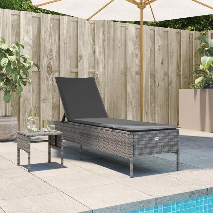 VidaXL Chaise Longue with Table and Cushion Grey Braided Resin, Sunbed, Garden Daybed, Outdoor Furniture, Chair 4002730