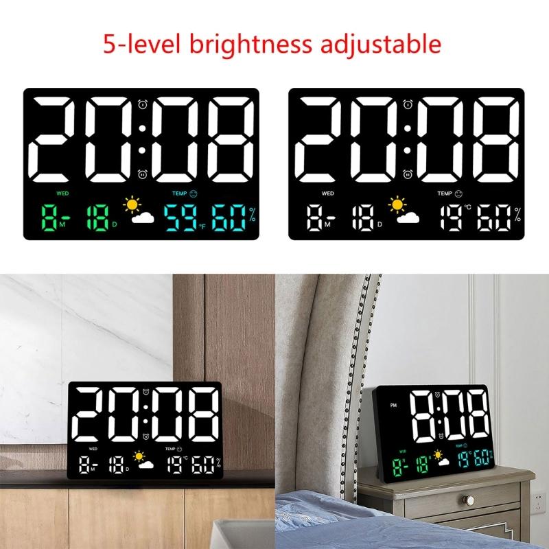 Large Digital LED Wall Desk Clock Calendar with Alarms,Temperature Thermometer for Bedroom Room Table
