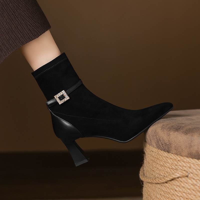 Krazing Pot Flock Pointed Toe Thin High Heels Modern Boots Size 42 Zip Plus Size Crystal Buckle Women Elastic Ankle Boots