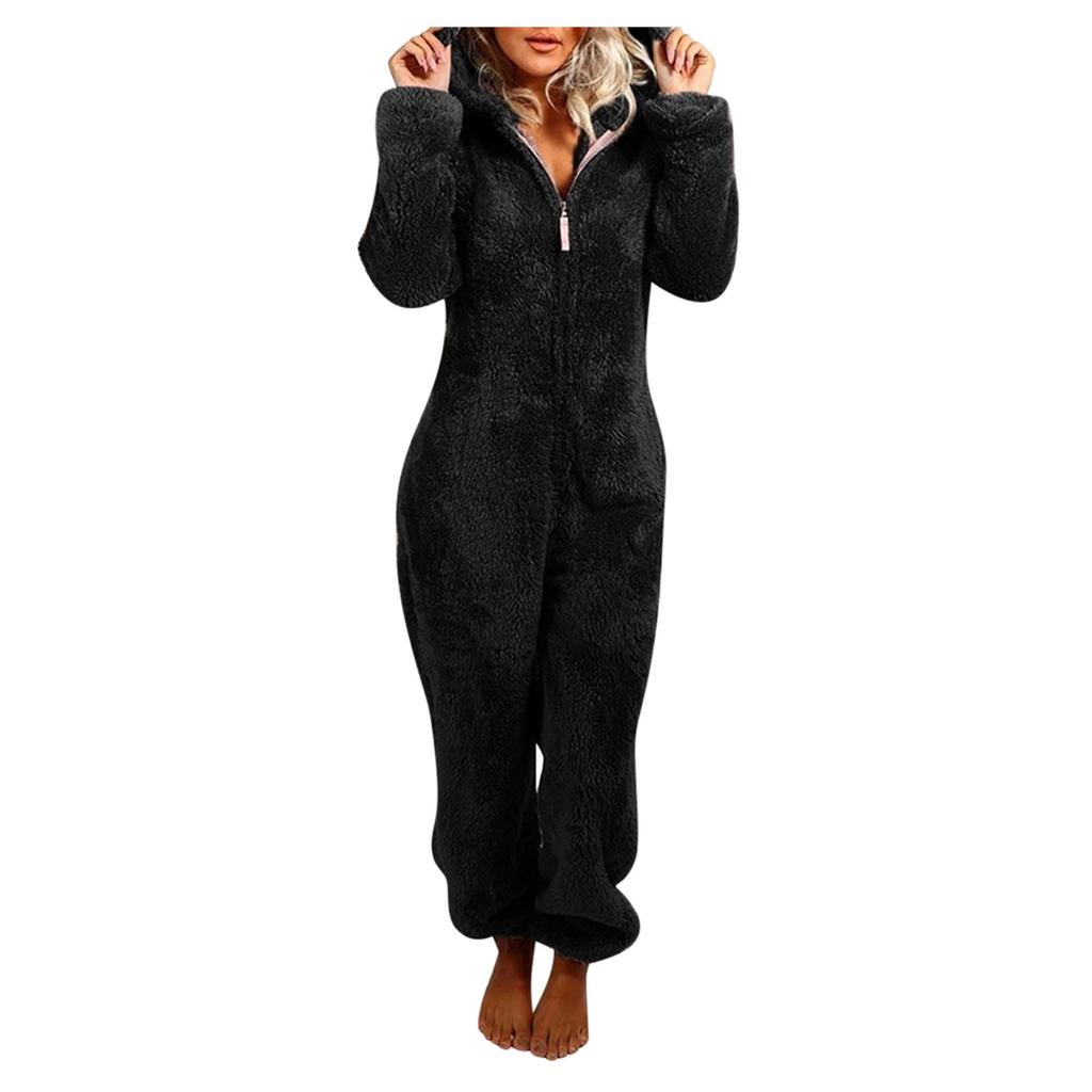 Women Long Sleeve Hooded Jumpsuit Pajamas Casual Winter Warm Rompe Sleepwear
