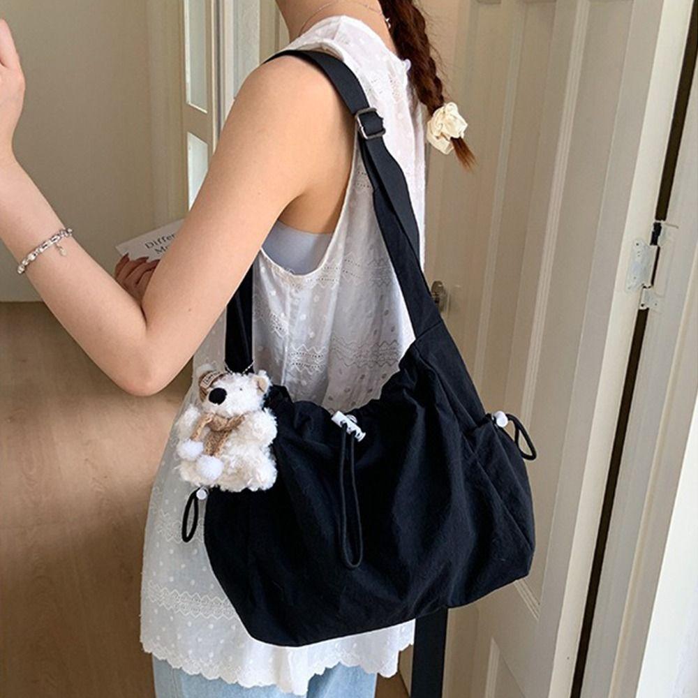 Large Capacity Drawstring Tote Bag Korean Crossbody Bag Casual Nylon Shoulder Bag Office Worker