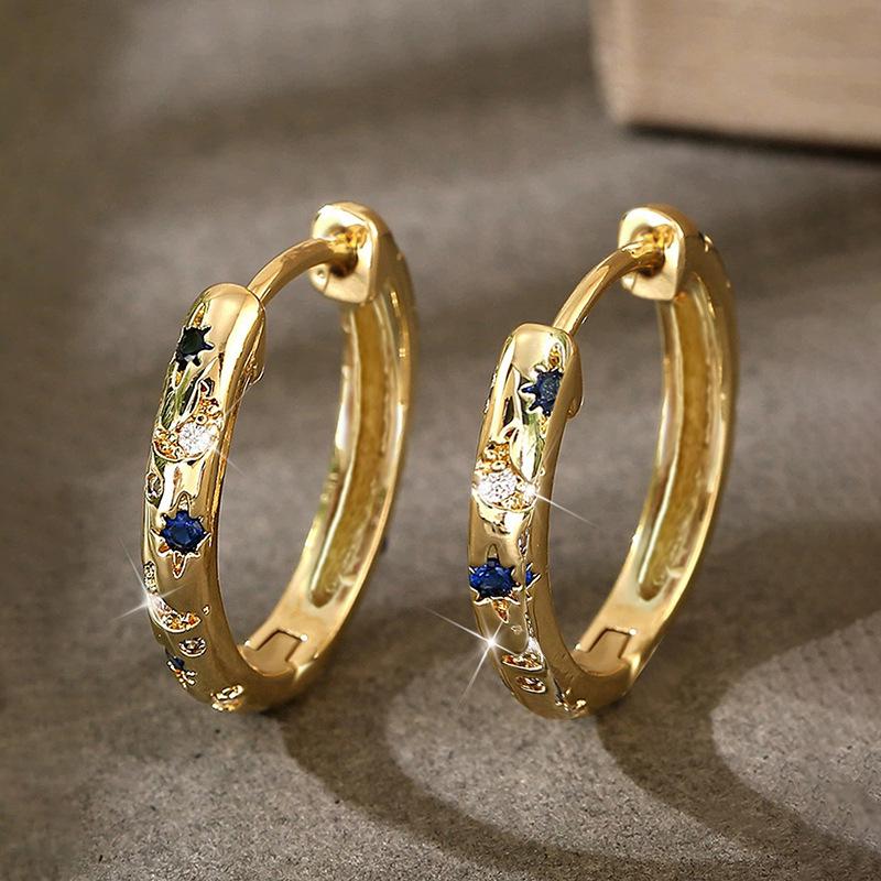 Star and Moon Inlaid Hoop Earrings for Women Delicate Fashion Jewelry