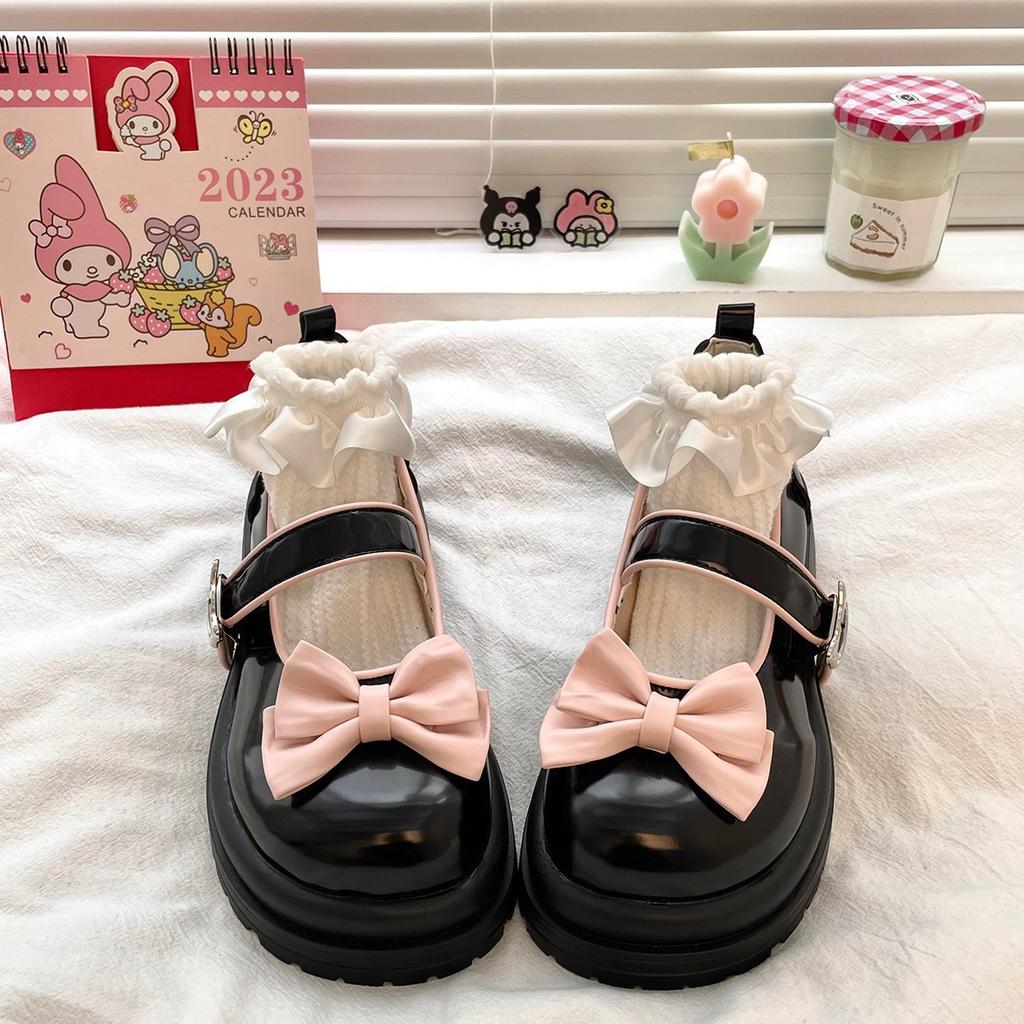 Fashion “Cute & Retro” Black Patent - Leather Mary Janes, Double - Strap Chunky Heels with Bows, Suits Daily Wear & JK Scenes