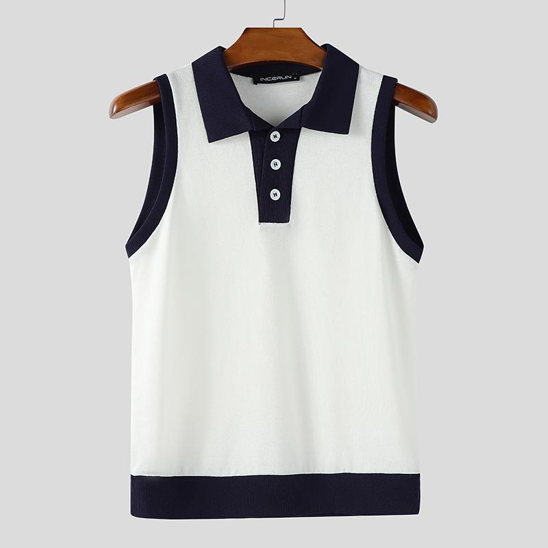 INCERUN Summer Men Lapel Sleeveless Stitching Casual Thin Fitted Tank Tops