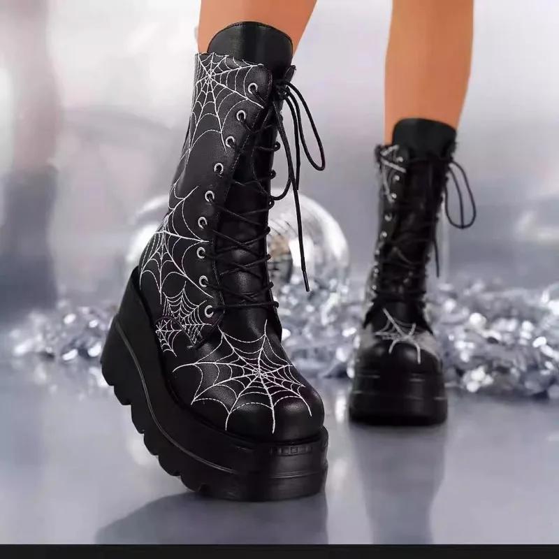 2024 Autumn/Winter New Women's Boots Comfortable Slope Heel Thick Bottom Spider Web European and American Large Short Boots