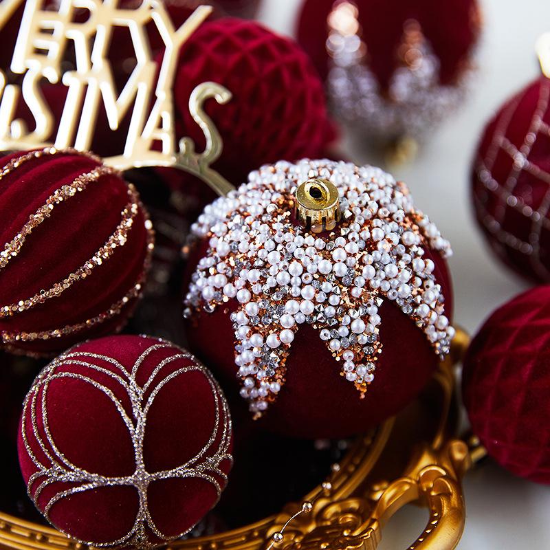Wine Red Flocked Christmas Tree Ornament Ball