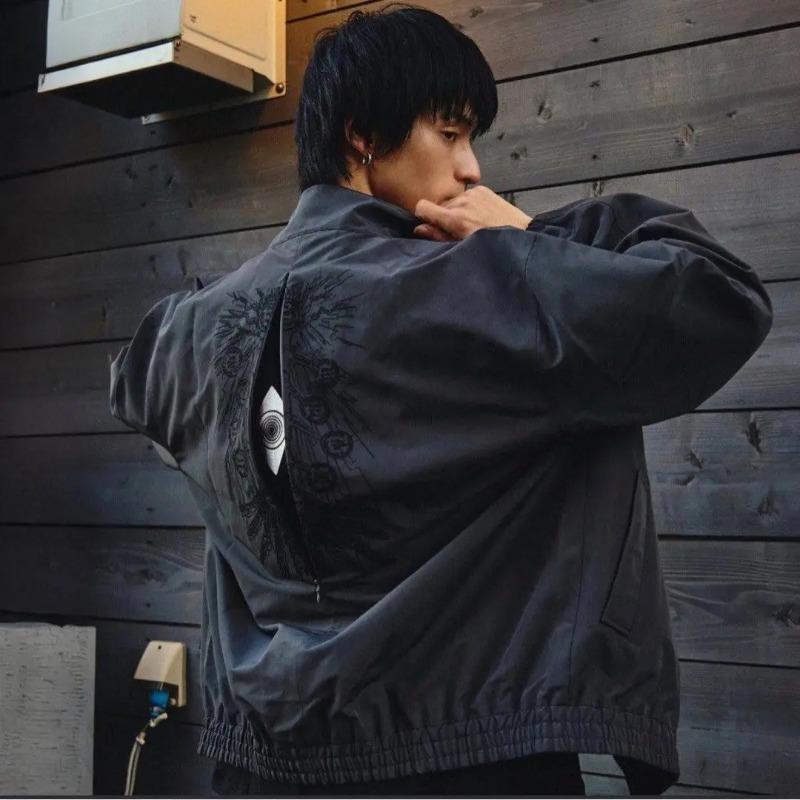 DRIPX Trendy Black Patterned Embroidered Jacket Y2K Men and Womens Street Style Loose Oversized Casual Jacket with Decorative Details