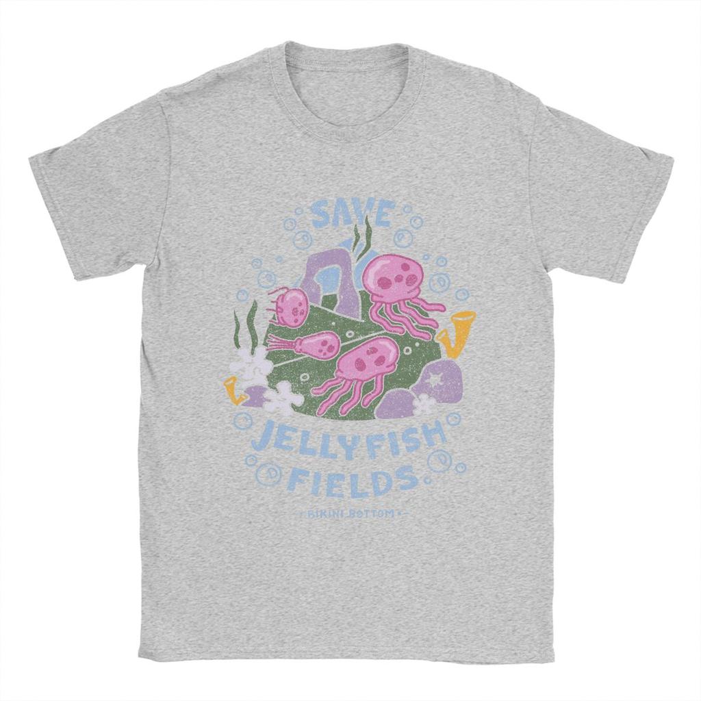 SpongeBobed Save Jellyfish Fields Bikini Bottom T-Shirts for Men Pure Cotton Tee Shirt Short Sleeve T Shirts Summer Clothes