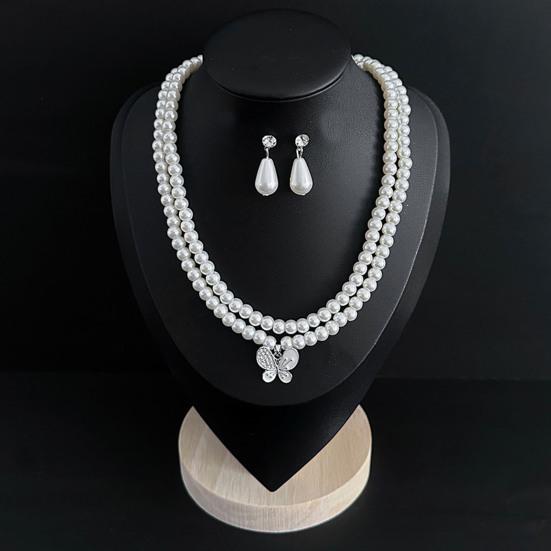 2Pcs/Set Imitation Pearl Jewelry Set Retro French Style Blue Waterdrop Faux Gem Charm Necklace Earrings Set