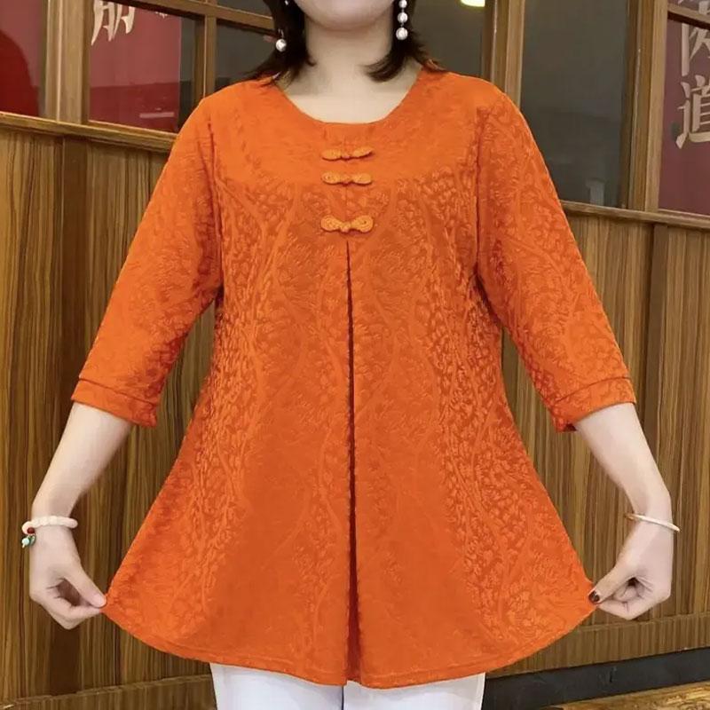 

Повсякденна китайська блуза на дискових ґудзиках, вінтажна жіноча мода, жакардове плетіння, весна-осінь, з круглим вирізом, повсякденна сорочка з рукавом три чверті 6XL помаранчевий