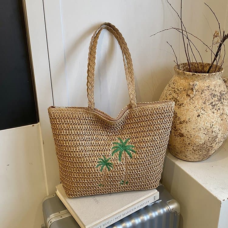 Palm tree embroidered straw tote bag handbag хаки