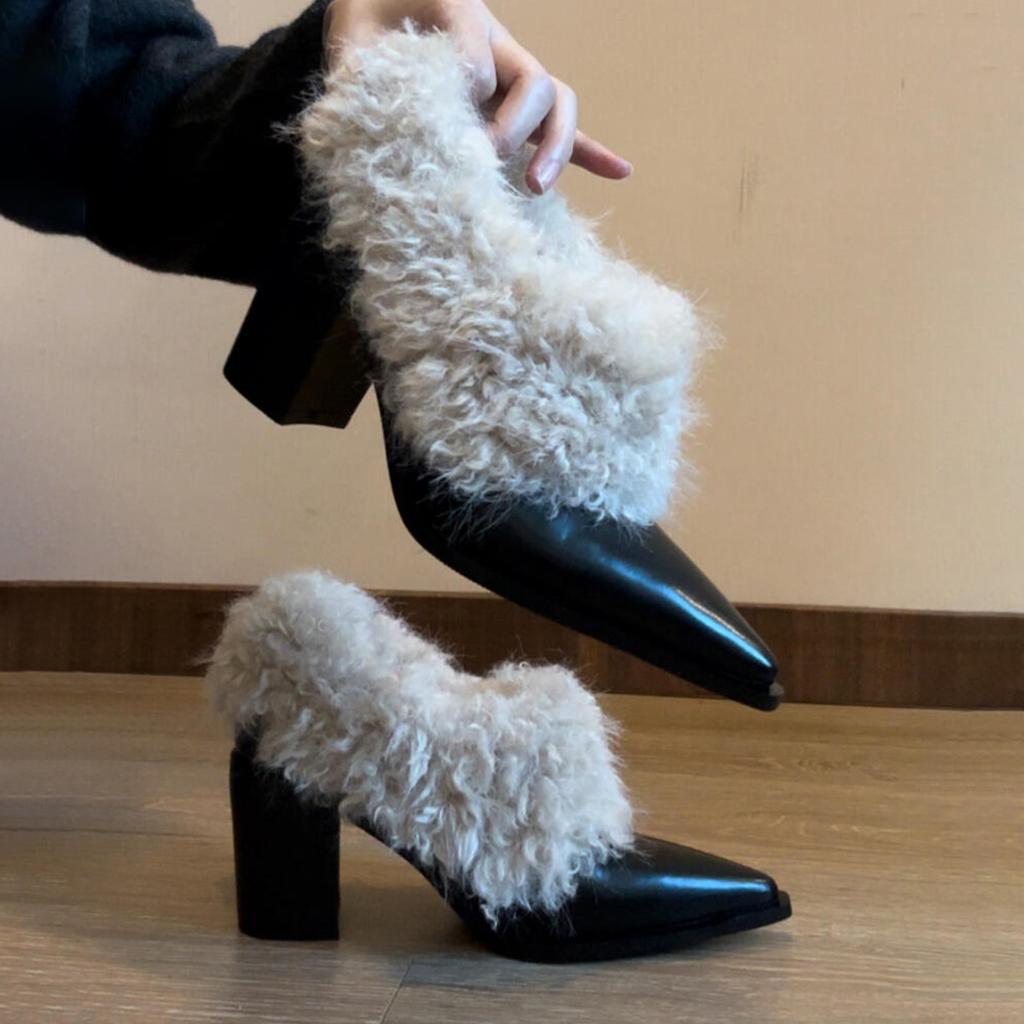 Sheepskin Version~ High-end Pointed Small Leather Shoes Women's Retro One-pedal Fluffy Single Shoes High-heeled Thick Velvet Warm Cotton Shoes