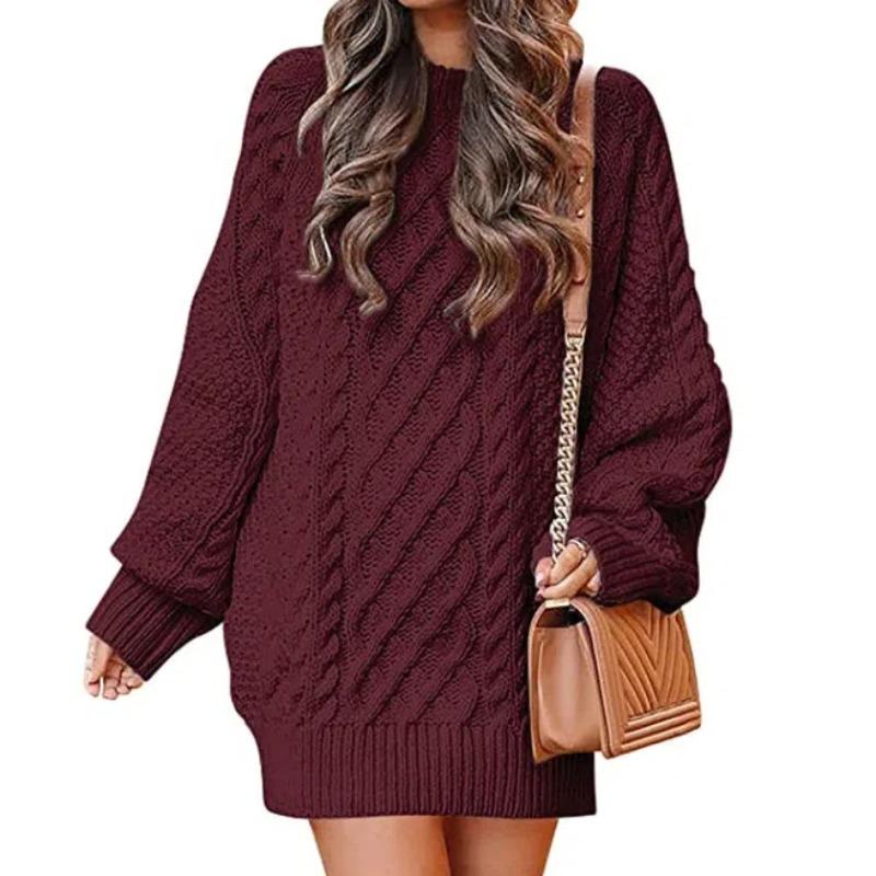 2025 New Women's Oversized Chunky Knit Dress | Cable Crew Neck Long Sleeve Sweater | Warm Mid-Length Pullover for Winter AW25 Fashion (S-3XL)
