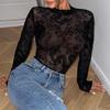 Sexy Slim Fit Long-Sleeve Lace Mesh Print Bodysuit 10804