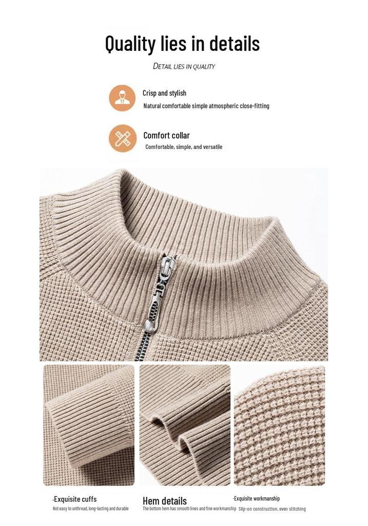 Men's Winter Thickened Pure Wool Sweater with Stand Collar & Raglan Sleeves - Half-Zip Pullover Knitwear