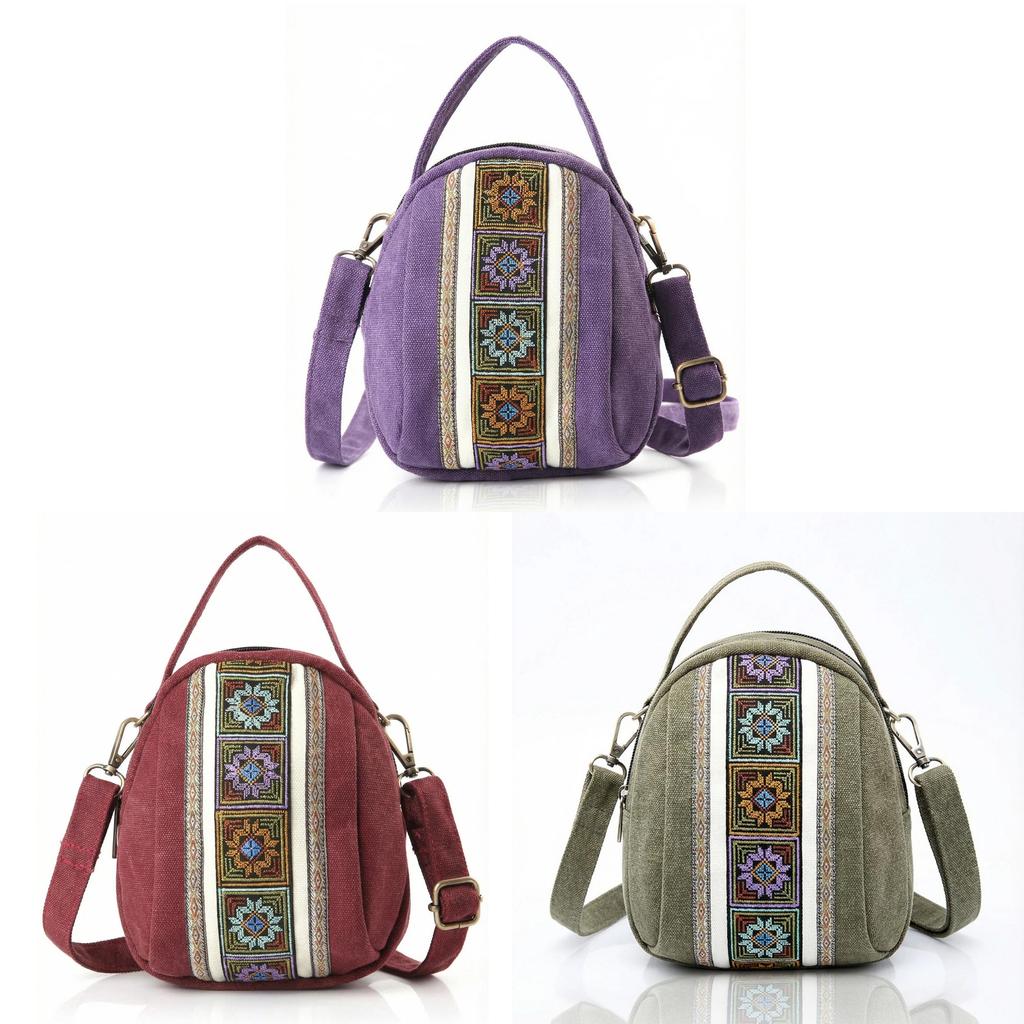 Canvas Ethnic Embroidery Shell Shape Small Bag With Zipper Pockets For Daily Use