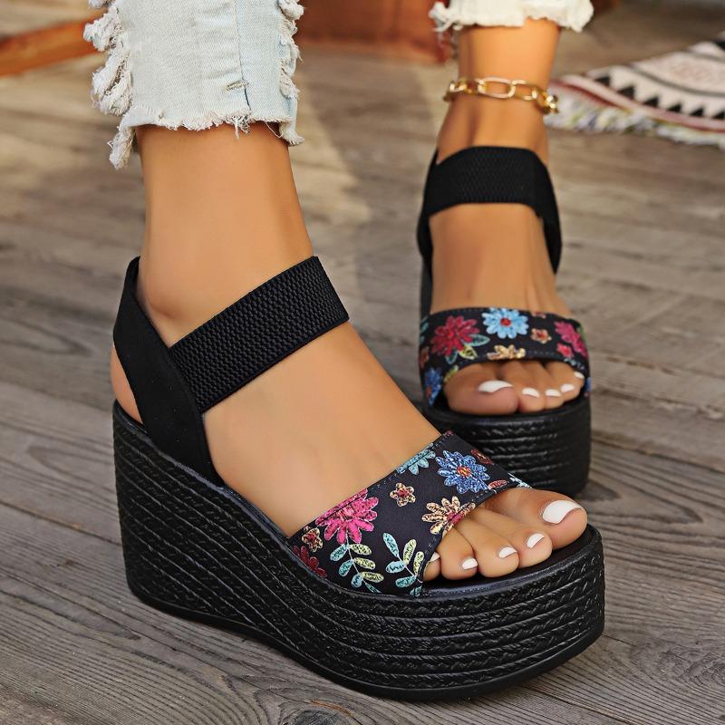 

Летняя высококачественная женская обувь 2024 года, модные босоножки на танкетке с открытым носком и цветными блоками большого размера из замши в римском стиле для женщин на высоком каблуке 43