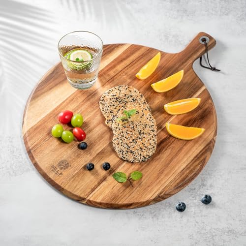 BILL.F Acacia Wood Pizza Peel, 10-inch (approx. 25cm) Cutting Board, Cheese Paddle Board, Bread & Cracker Serving Plate with Handle, Cooking Chopping