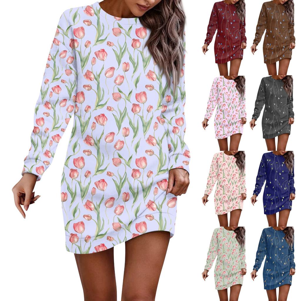 Women's Round Neck Flower Print Long Sleeved Hip Hugging Dress, Sanitary Dress