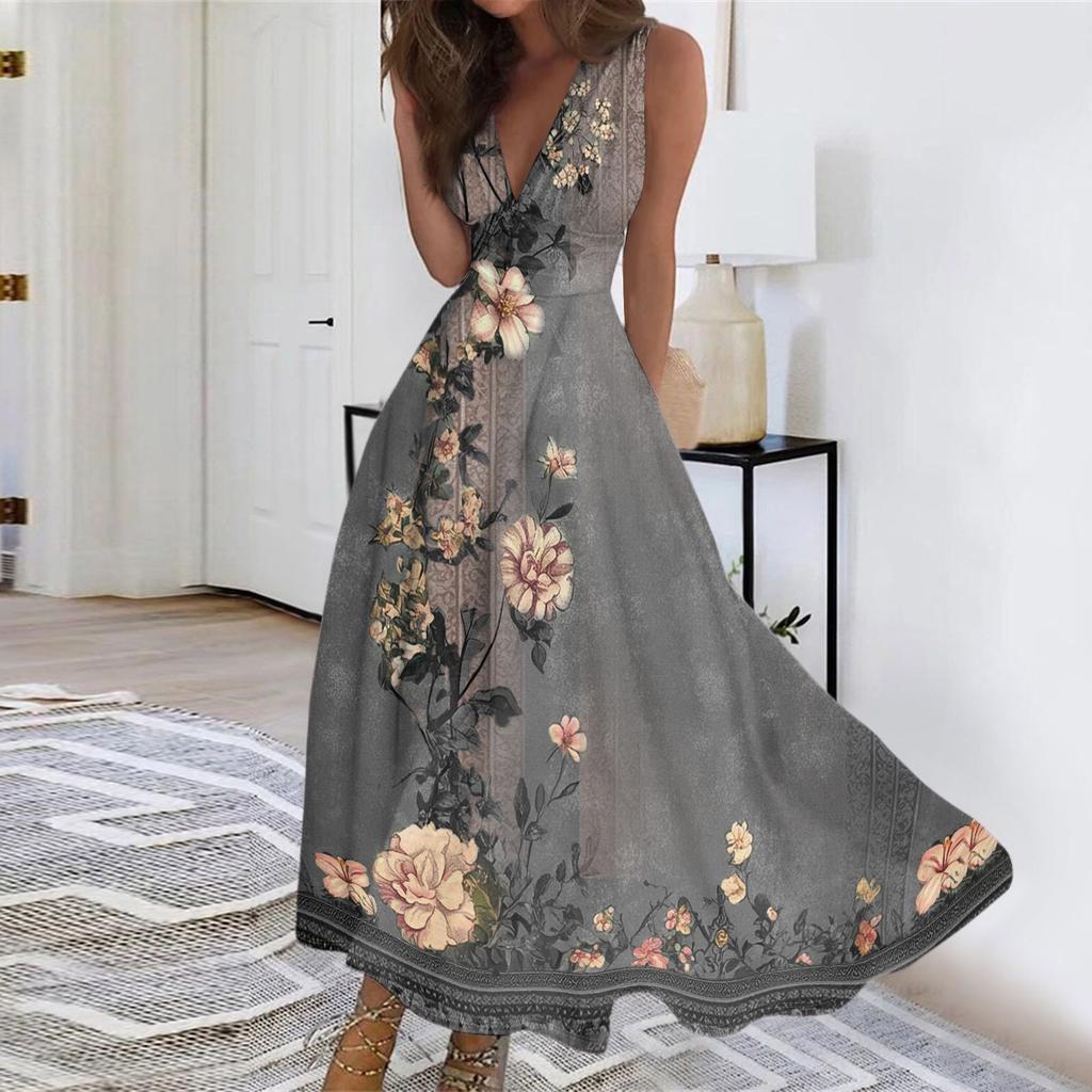 Women's Summer Fashion Retro Print V-Neck Sleeveless Long Dress