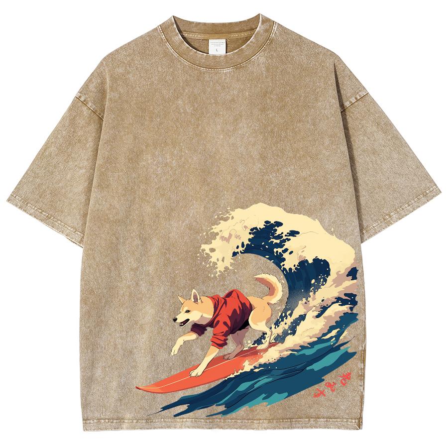 

Женская футболка в японском стиле с рисунком щенка и волны, свободная, большого размера, стираная джинсовая ткань, короткий рукав, модный дизайн L