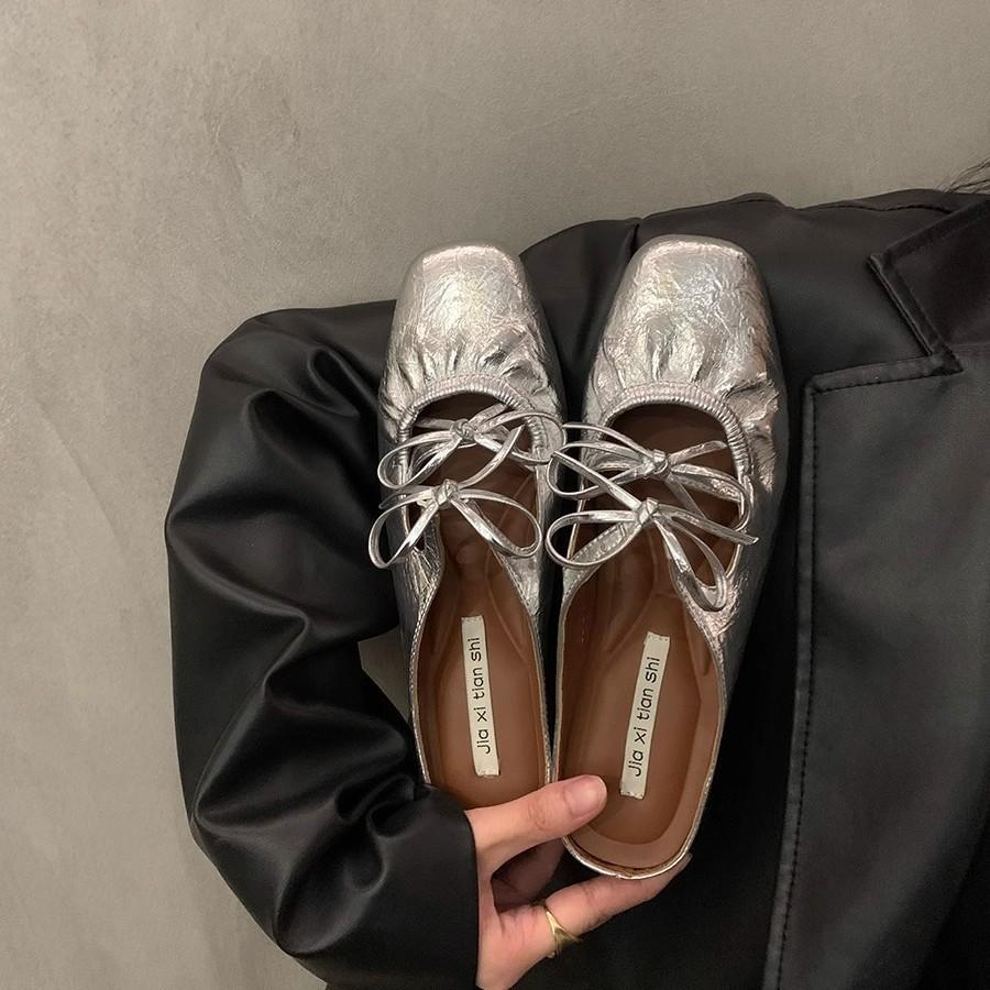 Inner Height-increasing Bow Silver Bag Head Half-drag Women's Shoes Fashionable Outer Wear 2025 New Summer Mary Jane Sandals