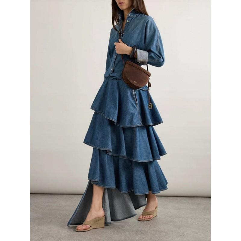 Womens Denim Two-Piece Set Loose Shirt With Raglan Sleeve Asymmetrical Hem Skirt Streetwear Fall 2025