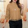 ZANZEA Women Casual Round Neck 3/4 Sleeve Lace Patchwork Blouse
