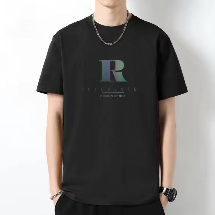 Summer round neck men's Slim short-sleeved T-shirt trend bottoming shirt top combed cotton letter R printed T-shirt