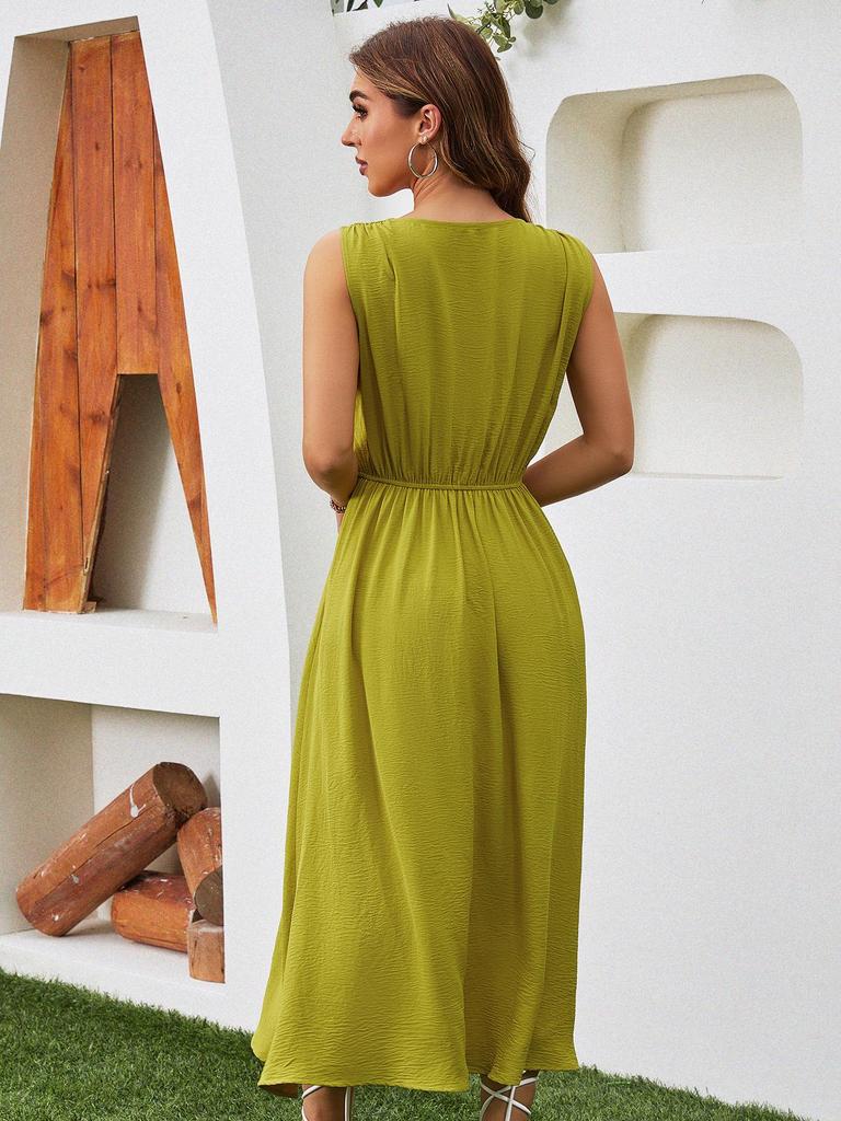 Women's Sleeveless Waist-Hugging Long Dress - Summer/Autumn, Elegant European & American Style, Slimming Fit