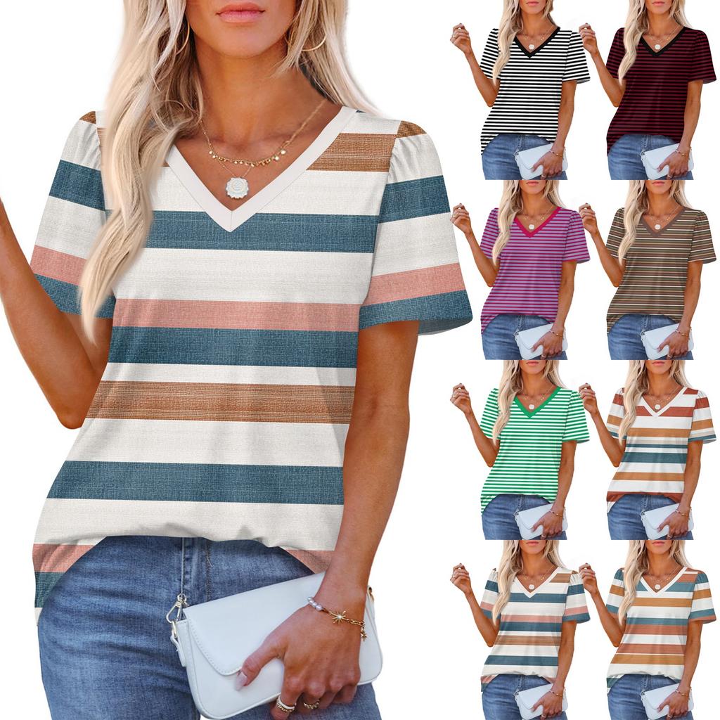 Women's Fashionable Casual Short Sleeve Print V-Neck Pullover Top