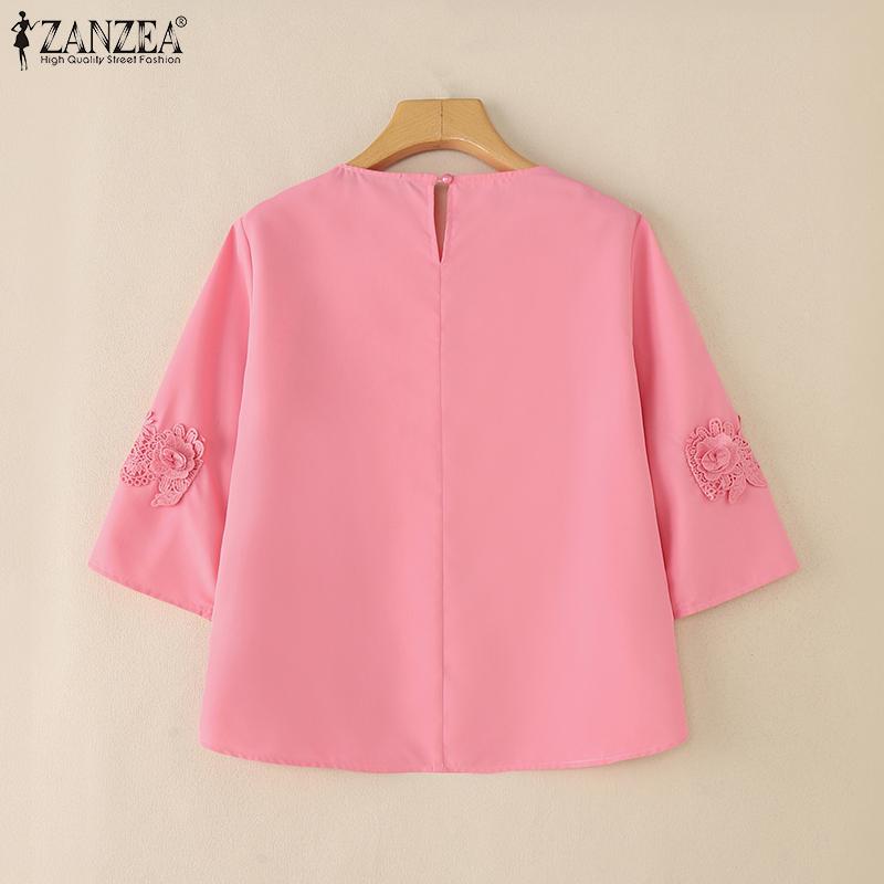 ZANZEA Women Casual Round Neck 3/4 Sleeve Summer Patchwork Blouse