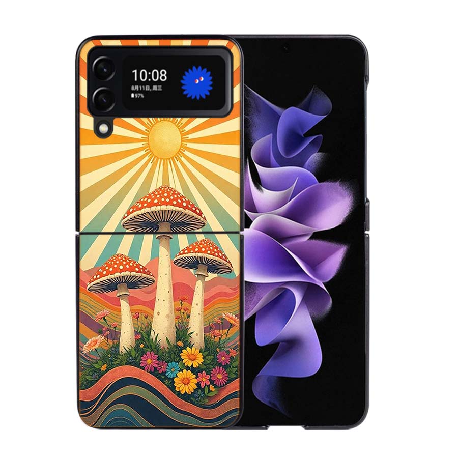Boho Hippie Pilz Sonnenaufgang Handyhülle Für Samsung Z Flip 7 6 5G Galaxy Z Flip4 Z Flip5 Z Flip3 Hülle Schwarze Harte PC Schale Schutz