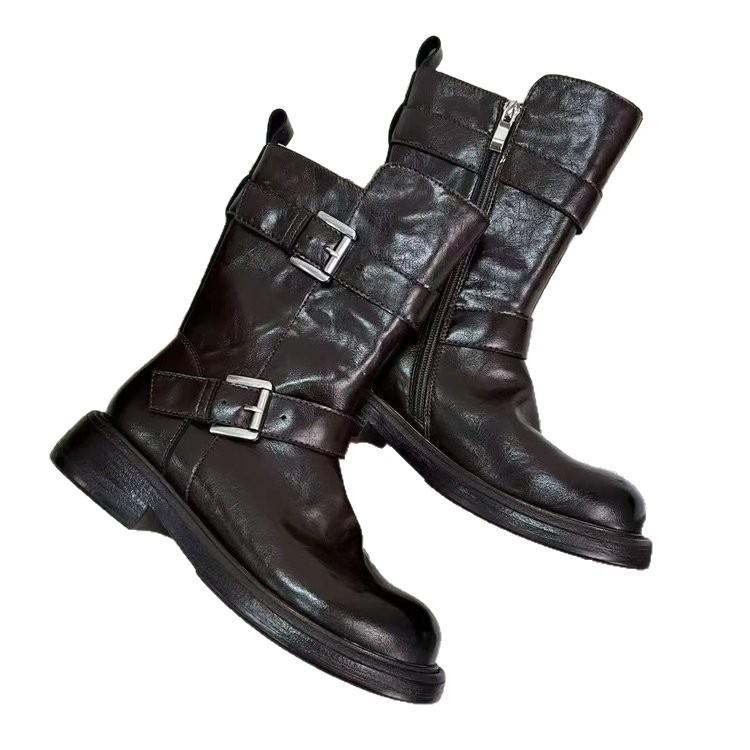Cowhide~ Maillard boots retro leather medium boots women's belt buckle short boots thick-soled Martin boots thin boots