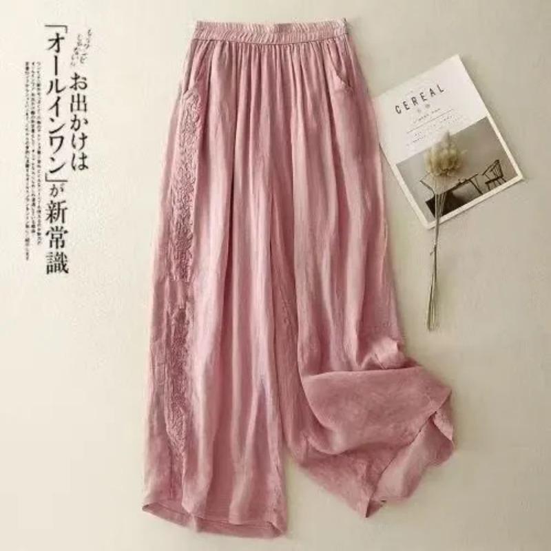 Women's Casual Beige Elastic Waist Lace Trim Wide Leg Trousers