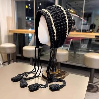 Japanischer Stil Handstrick Quaste Gestrickte Mao Linie Mütze Damen Herbst und Winter Verdickt zum Warmhalten Ohrenschutz Ohne Krempe Strickmütze